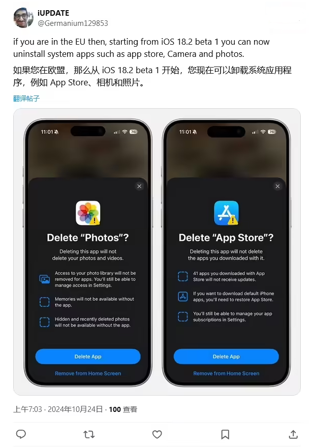 温岭苹果手机维修分享iOS 18.2 支持删除 App Store 应用商店 