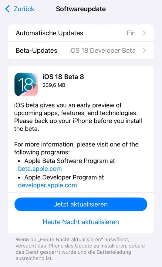 温岭苹果手机维修分享苹果 iOS / iPadOS 18 开发者预览版 Beta 8 发布 